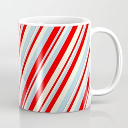[ Thumbnail: Light Blue, Red, and Beige Colored Lines/Stripes Pattern Coffee Mug ]