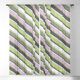 [ Thumbnail: Vibrant Plum, Green, Dark Olive Green, Black & White Colored Lined/Striped Pattern Sheer Curtain ]