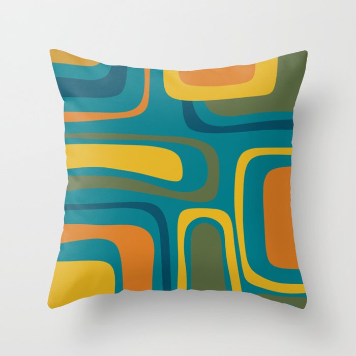Palm Springs Midcentury Modern Abstract in Moroccan Mustard, Orange, Olive, Blue, and Teal Throw Pillow
