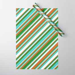 [ Thumbnail: Chocolate, Forest Green, Turquoise, and White Colored Stripes/Lines Pattern Wrapping Paper ]
