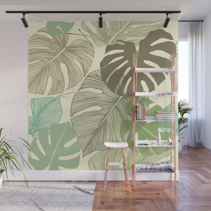 Seamless floral pattern from Tropical Monstera deliciosa plant. Tropical leaves in retro style. Hand drawn pattern. Line art. Vintage illustration Wall Mural