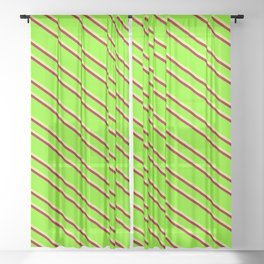 [ Thumbnail: Green, Tan & Dark Red Colored Striped Pattern Sheer Curtain ]