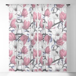 Pink magnolia and blue tit birds   Sheer Curtain