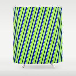[ Thumbnail: Light Green and Blue Colored Striped/Lined Pattern Shower Curtain ]