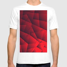 Bright contrasting red fragments of crystals on triangles of irregular shape. T-shirt