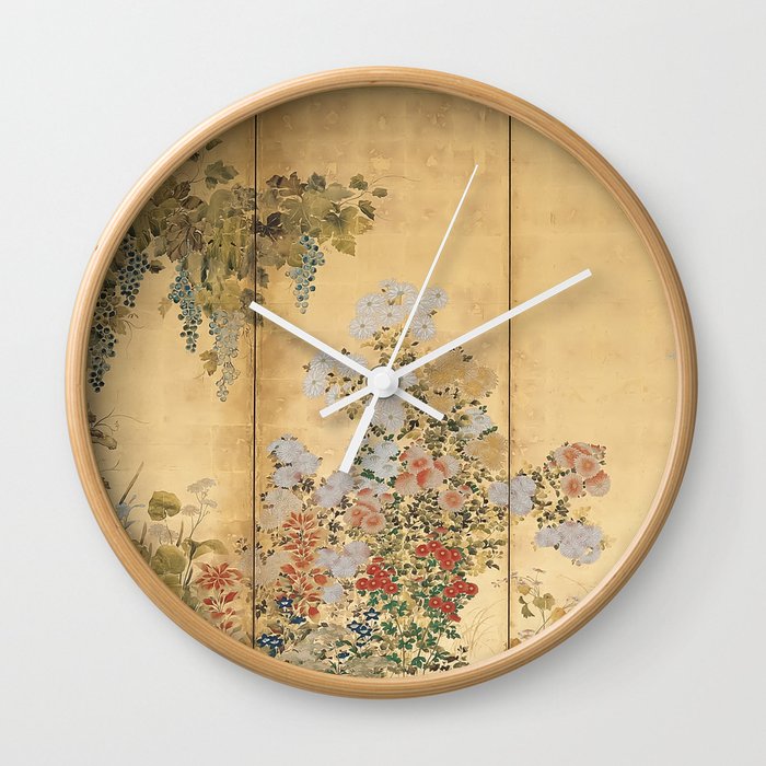 Japanese Edo Period Six-Panel Gold Leaf Screen - Spring and Autumn Flowers Wall Clock