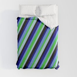 [ Thumbnail: Colorful Black, Dark Blue, Cornflower Blue, Lime Green, and Light Blue Colored Lines/Stripes Pattern Duvet Cover ]