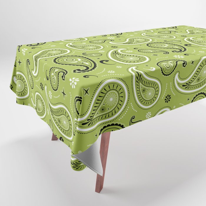 Black and White Paisley Pattern on Light Green Background Tablecloth