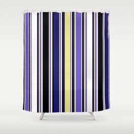 [ Thumbnail: Colorful Midnight Blue, Tan, Slate Blue, White, and Black Colored Lined/Striped Pattern Shower Curtain ]