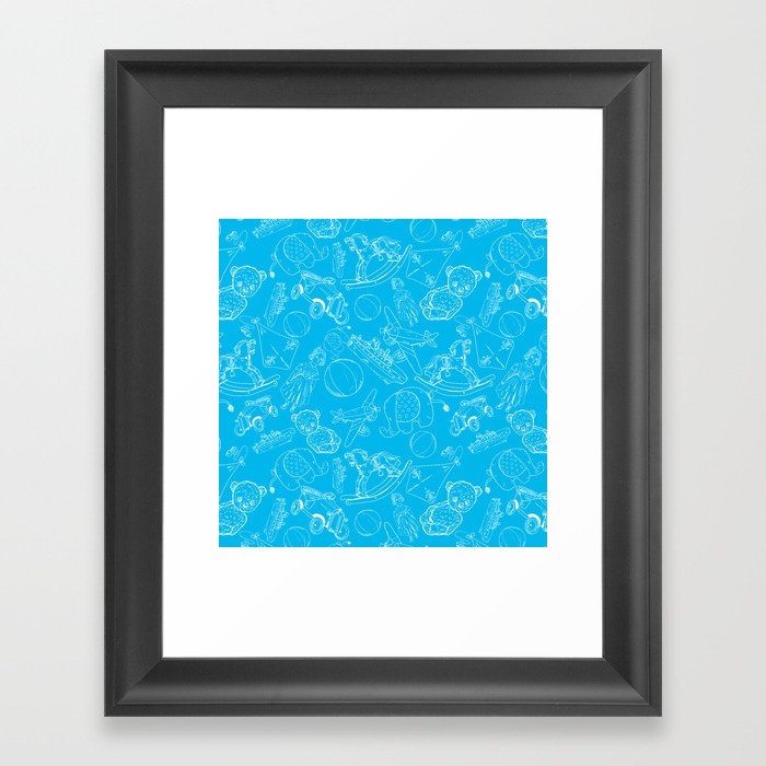 Turquoise and White Toys Outline Pattern Framed Art Print