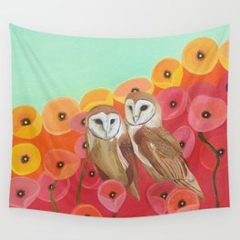 Owls in a Poppy Field Wall Tapestry