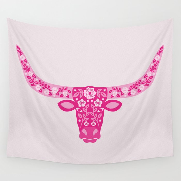 Floral Longhorn – Hot Pink Wall Tapestry