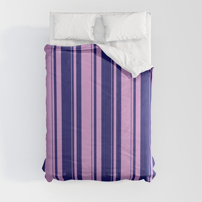 Midnight Blue and Plum Colored Striped/Lined Pattern Comforter