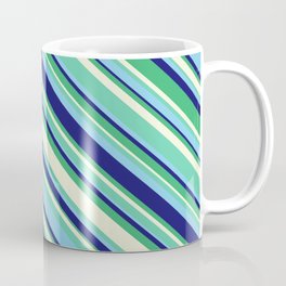 [ Thumbnail: Eyecatching Aquamarine, Sky Blue, Midnight Blue, Sea Green & Beige Colored Striped/Lined Pattern Coffee Mug ]