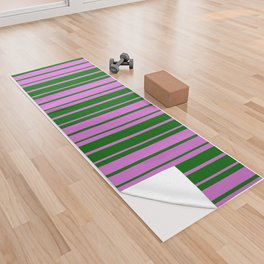 [ Thumbnail: Orchid & Dark Green Colored Striped Pattern Yoga Towel ]