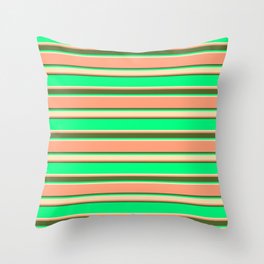 [ Thumbnail: Green, Beige, Light Salmon & Dark Olive Green Colored Stripes Pattern Throw Pillow ]