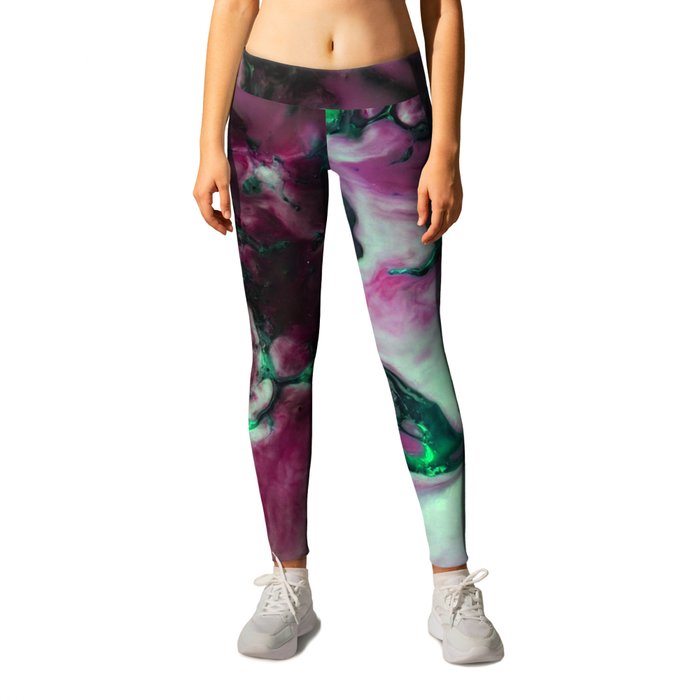 Abstract Magenta Pink White Emerald Green Burgundy Marble Leggings
