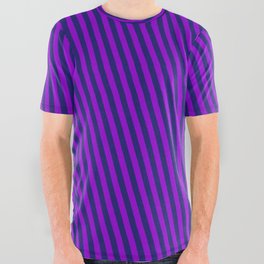 [ Thumbnail: Dark Violet and Midnight Blue Colored Pattern of Stripes All Over Graphic Tee ]