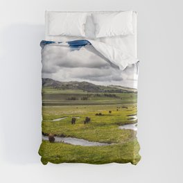 Yellowstone, Home on the range, American buffalo / bison grazing in spring fields of green river prairie landscape color photograph / photography Duvet Cover