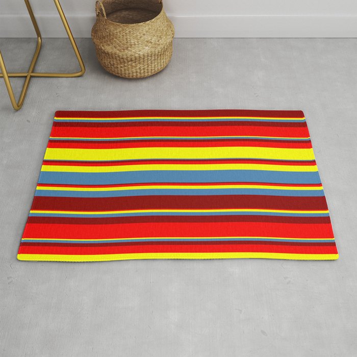 Red, Yellow, Blue & Dark Red Colored Stripes/Lines Pattern Rug