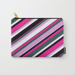 [ Thumbnail: Eyecatching Deep Pink, Dark Slate Gray, Plum, White & Black Colored Lines Pattern Carry-All Pouch ]