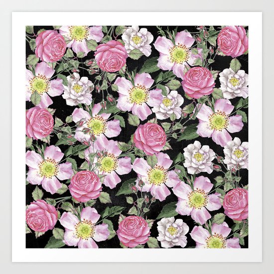 Vintage Rose Pattern Pink On Chalkboard Art Print