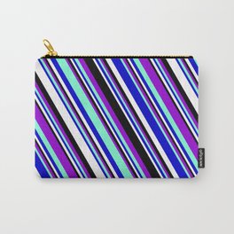 [ Thumbnail: Vibrant Dark Violet, Aquamarine, Blue, White, and Black Colored Striped/Lined Pattern Carry-All Pouch ]