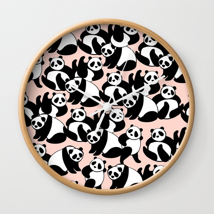 Black and White Panda Playground pattern on Pink Wall Clock