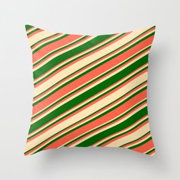 [ Thumbnail: Beige, Dark Green & Red Colored Lined Pattern Throw Pillow ]