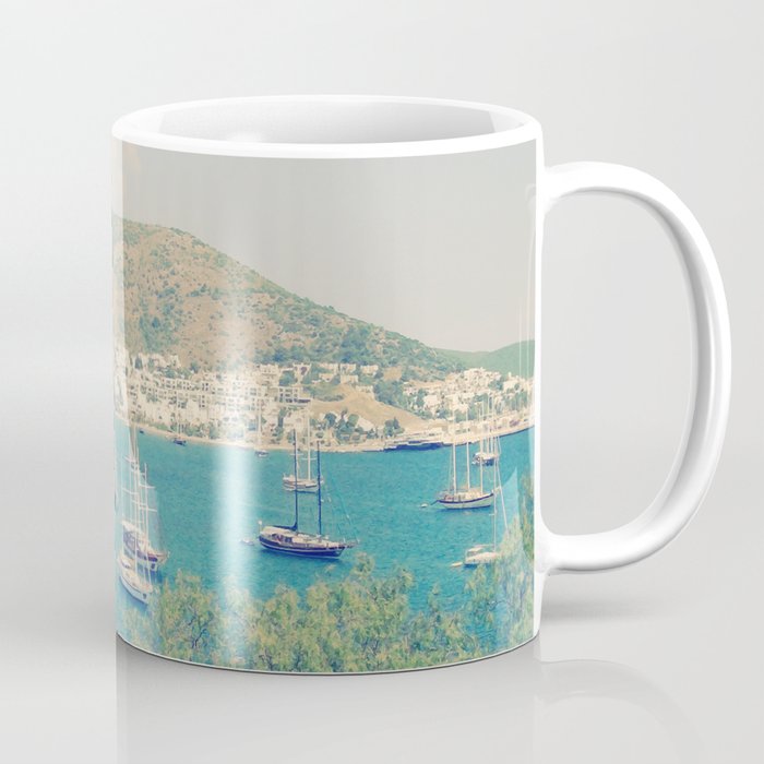 Retro aqua blue sea bay in Bodrum view with sailing boats from St.Peter's Castle Coffee Mug