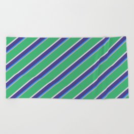 [ Thumbnail: Vibrant Dark Grey, Sea Green, Light Gray, Dark Slate Blue & Blue Colored Lines/Stripes Pattern Beach Towel ]