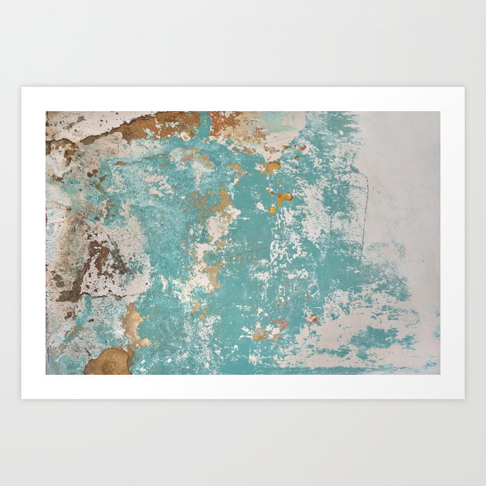 Teal Cream Texture Abstract Stucco Wall Distressed Paint Old Building Layer Grunge Patina Art Print
