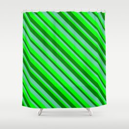 [ Thumbnail: Green, Aquamarine & Lime Colored Striped Pattern Shower Curtain ]