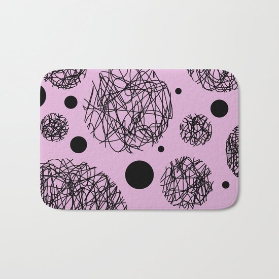 Scribbles II - Abstract black scribbles and black circles pattern on pink Bath Mat