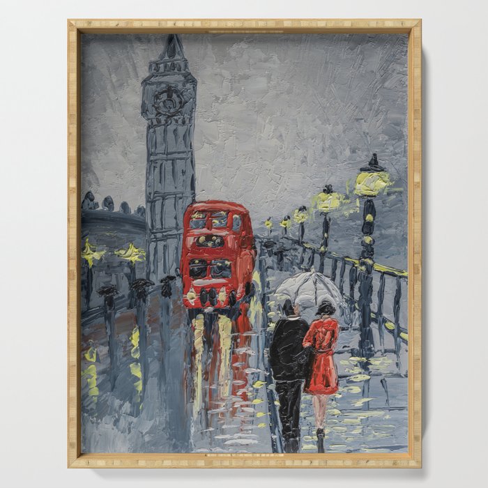 A couple walking in rainy London. Serving Tray
