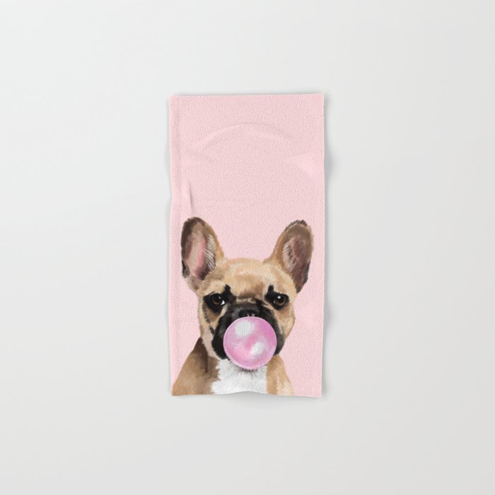 French Bull Dog with Bubblegum in Pink Hand & Bath Towel