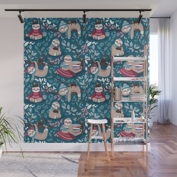 Hygge sloth // turquoise and red Wall Mural