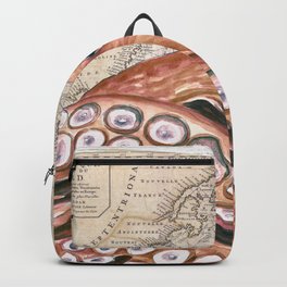 Octopus Rusty red Vintage Map Beige Nautical Backpack