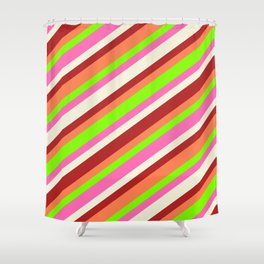 [ Thumbnail: Chartreuse, Hot Pink, Beige, Red & Coral Colored Pattern of Stripes Shower Curtain ]