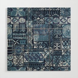 Hawaiian style blue tapa tribal fabric abstract patchwork vintage vintage pattern Wood Wall Art