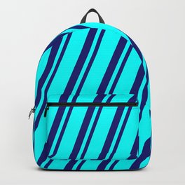 [ Thumbnail: Cyan & Midnight Blue Colored Striped/Lined Pattern Backpack ]