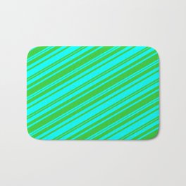 [ Thumbnail: Lime Green & Cyan Colored Stripes Pattern Bath Mat ]