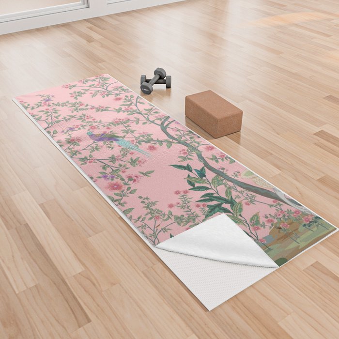 Chinoiserie Pink Fresco Floral Garden Birds Oriental Botanical Yoga Towel