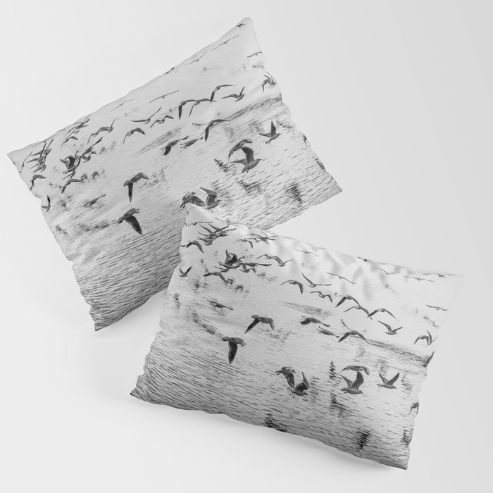 Seagulls in motion, black and white fine art image Pillow Sham
