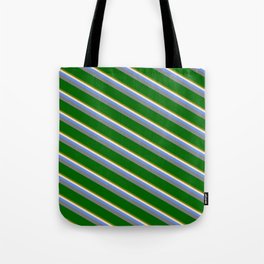 [ Thumbnail: Eyecatching Green, Bisque, Cornflower Blue, Gray, and Dark Green Colored Lined/Striped Pattern Tote Bag ]