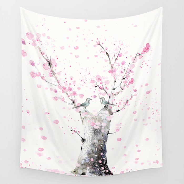 Cherry Blossoms And Birds Wall Tapestry