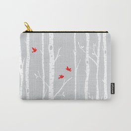 Birch tree forest with red birds on gray Carry-All Pouch
