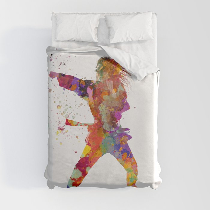 Woman practices karate in watercolor Duvet Cover
