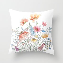 wild flower bouquet and blue bird- ink and watercolor 2 Throw Pillow