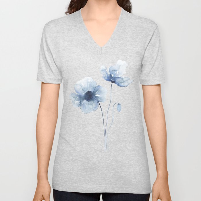 Blue Watercolor Poppies V Neck T Shirt
